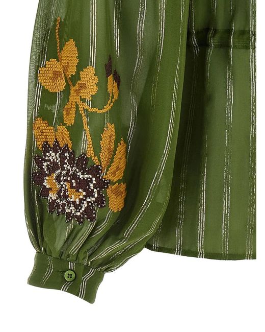 Valentino Garavani Green Embroidered Tassel Silk Blouse