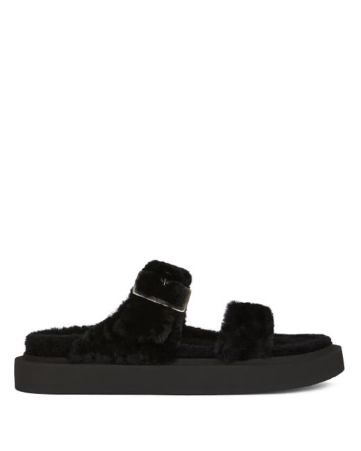 Giuseppe Zanotti Black Furry Buckled Sheepskin Slides for men
