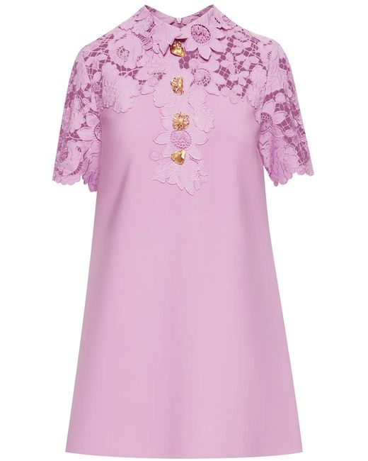 Oscar de la Renta Pink Lace-Trimmed Wool-Blend Minidress