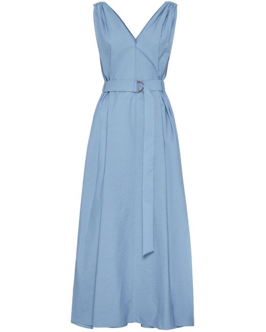 Brunello Cucinelli Blue Belted Sleeveless Flared Dress