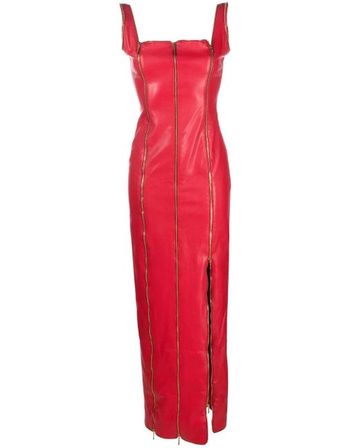 Jean Louis Sabaji Red Zip-Detail Faux Leather Maxi Dress