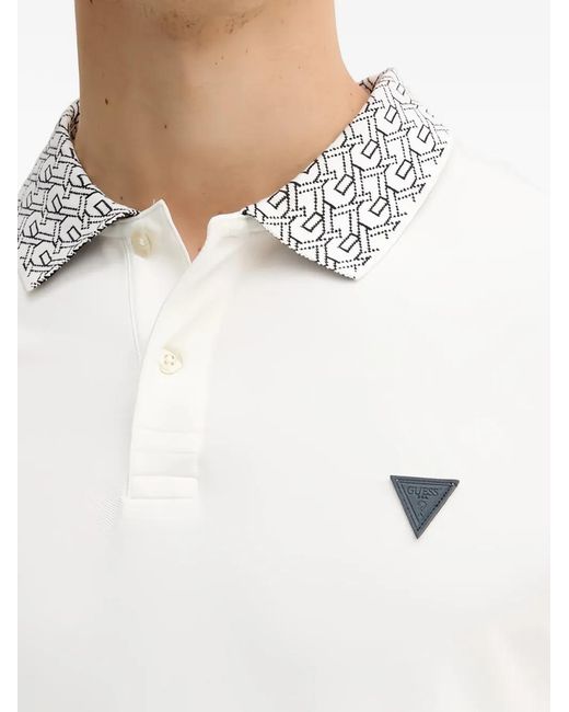 Guess White Patterned Collar Logo Polo Shirt for men