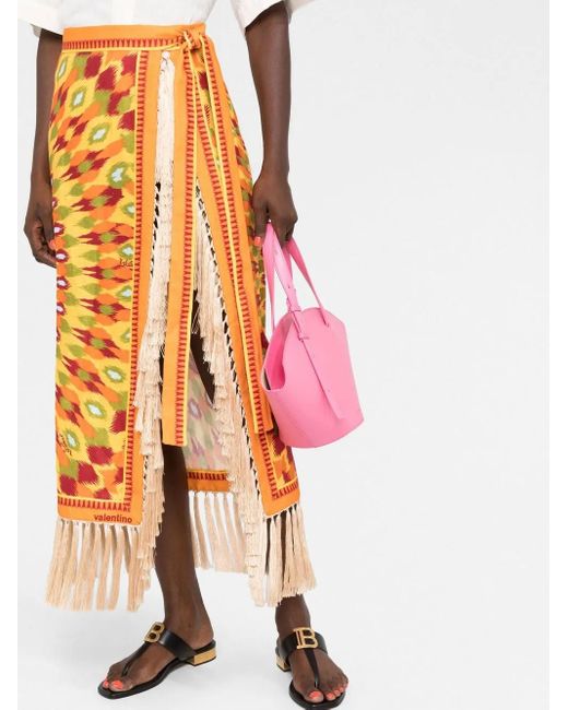 Valentino Garavani Orange Round Rain Print Linen Wrap Skirt