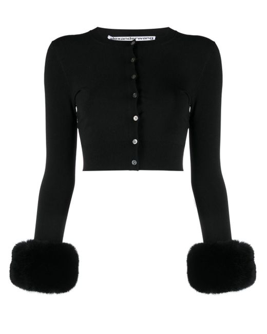 Alexander Wang Black Faux-fur Cuff Cropped Cardigan - Women's - Elastane/polyamide/polyester