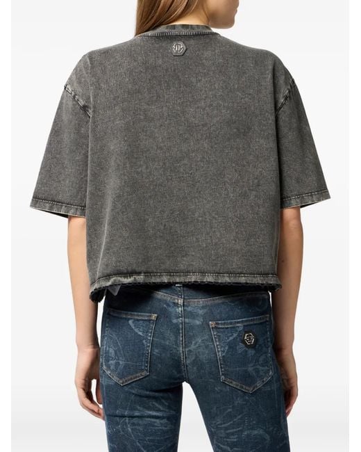 Philipp Plein Black Eagle-Print Crop T-Shirt