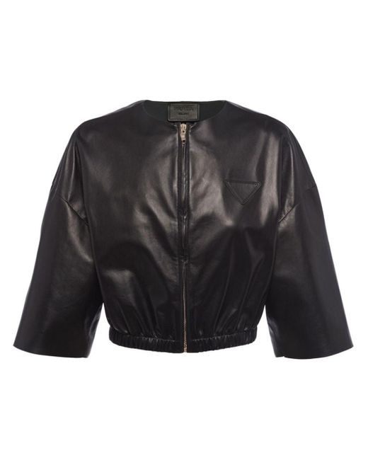 Prada Black Cropped Leather Bomber Jacket
