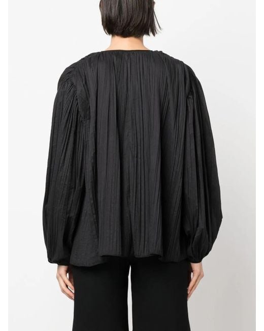 Rochas Black Pleated Puff-Sleeve Blouse