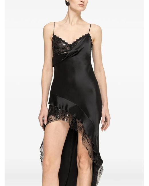Nissa Black Lace-Trim Sequin-Embellished Asymmetric Dress