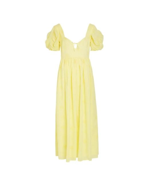 Thierry Colson Yellow Calliope Broderie-Anglaise Puffed-Sleeved Midi Dress