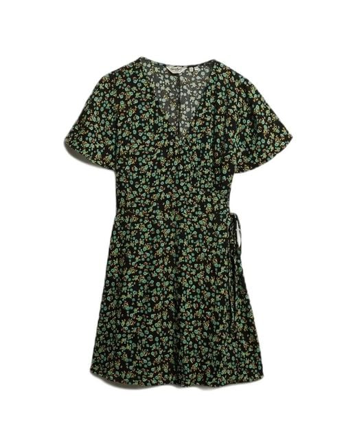 Superdry Green Mini Floral-Print Wrap Dress