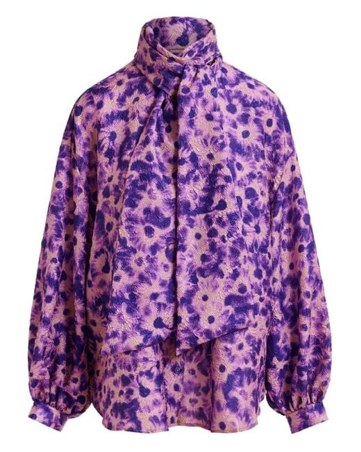 Essentiel Antwerp Purple Abstract-Print Tie-Neck Blouse