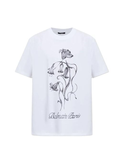 Balmain White Floral-Print Logo-Print T-Shirt for men