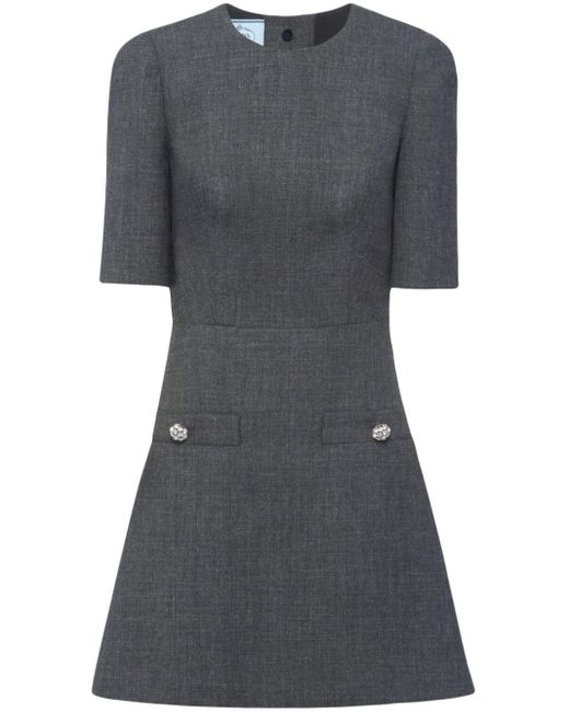 Prada Gray Button-embellished Virgin Wool Miniress