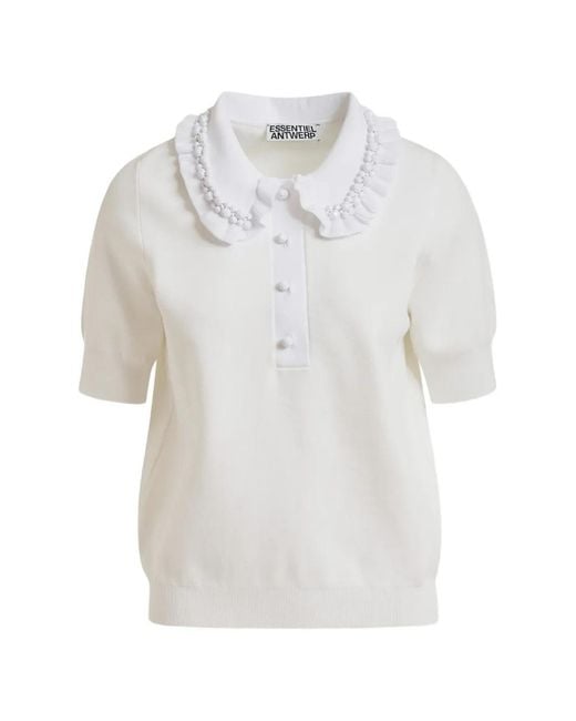 Essentiel Antwerp White Beaded Ruffled Polo Top