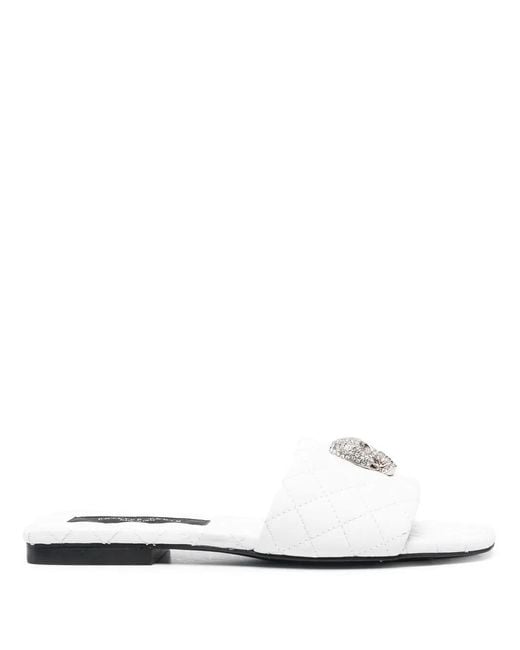Philipp Plein White Crystal-Skull Matelassé Slides