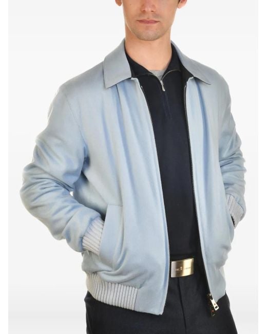 Kiton Blue Cashmere Ribbed-Cuff Shirt Jacket for men