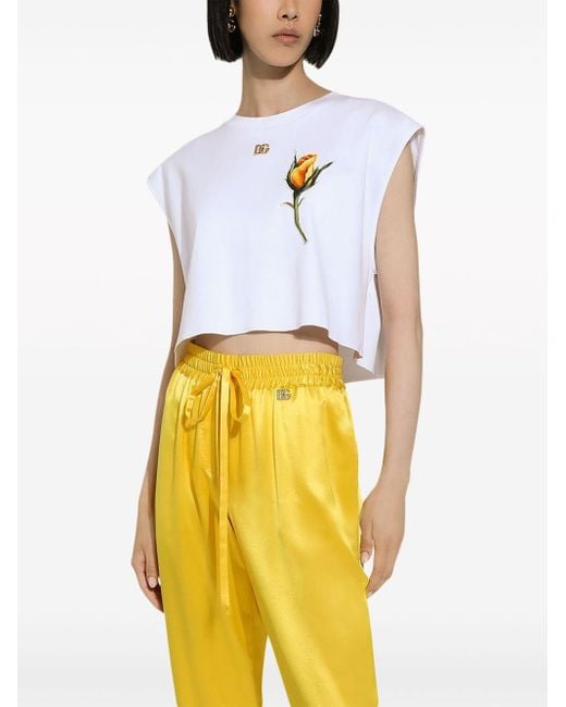 Cropped jersey T-shirt with DG logo and rose-embroidered patch Dolce & Gabbana en coloris White