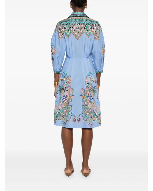 Etro Blue Pattern Cotton Midi Dress