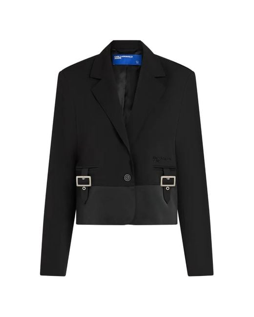 Karl Lagerfeld Black Buckle-Detail Cropped Blazer