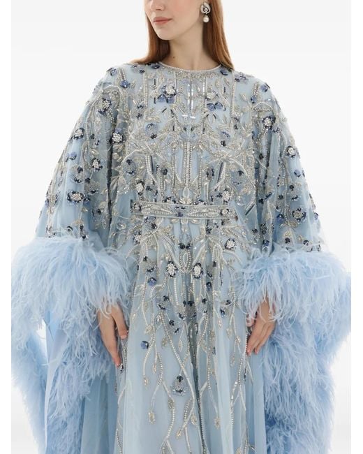 Dina Melwani Blue Crystal-Embroidered Feather Maxi Dress