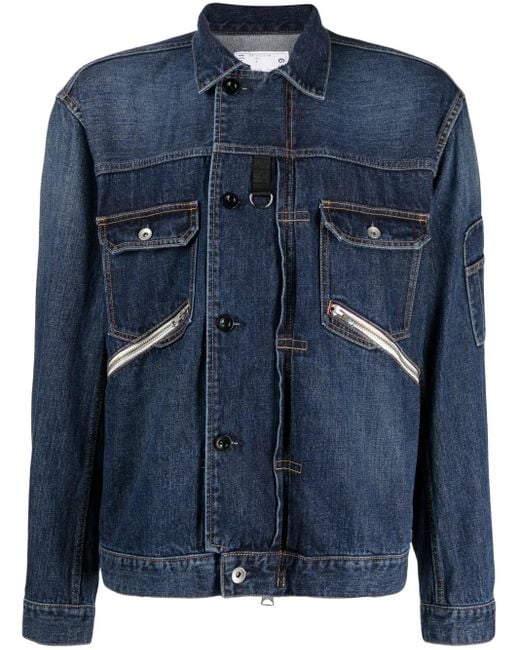 Sacai Blue Straight-Point Collar Cotton Jacket for men