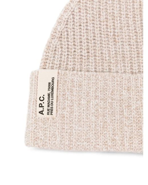 A.P.C. Natural Ribbed Logo-Patch Beanie Hat for men