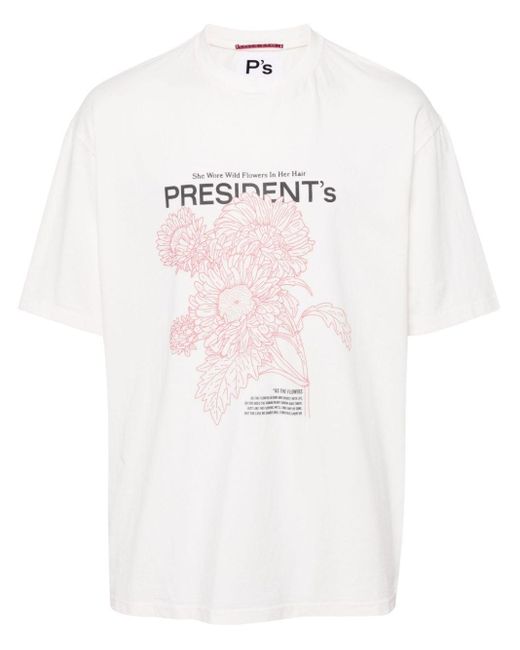 President's White Floral-print Cotton T-shirt for men