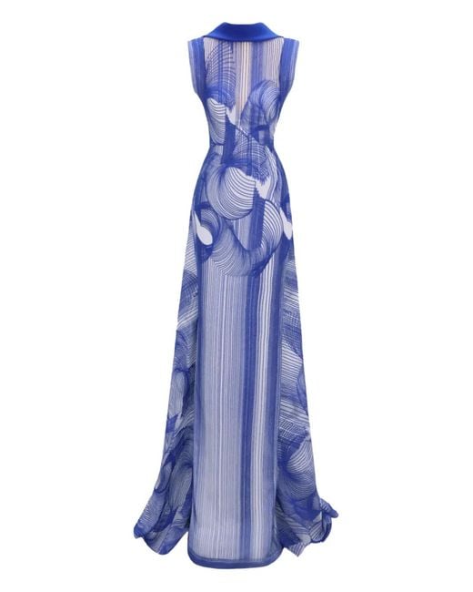Gemy Maalouf Blue Embroidered Pattern Maxi Dress