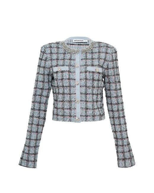 Self-Portrait Blue Check-Pattern Knit Cotton Cardigan