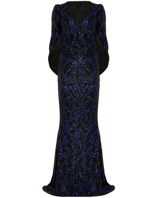 Talbot Runhof Blue Shawl Design Sequinned Gown