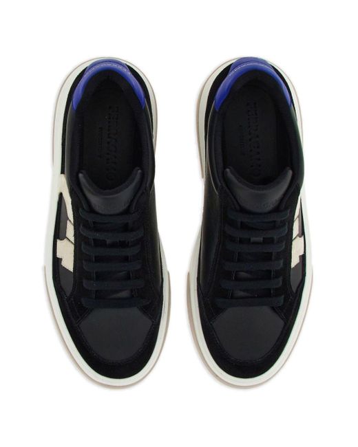 Ferragamo Blue Gancini Panelled Leather Sneakers for men