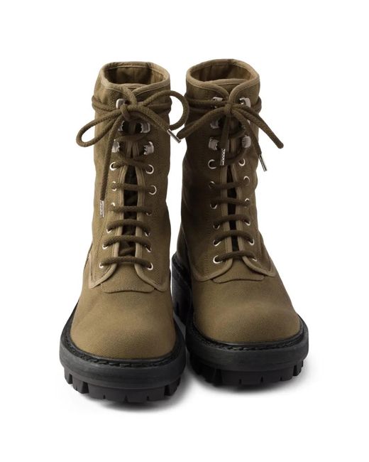 Prada Brown Canvas Lace-Up Ankle Boots