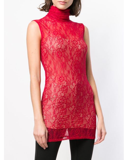 Styland Lace Turtleneck Top in Red - Lyst