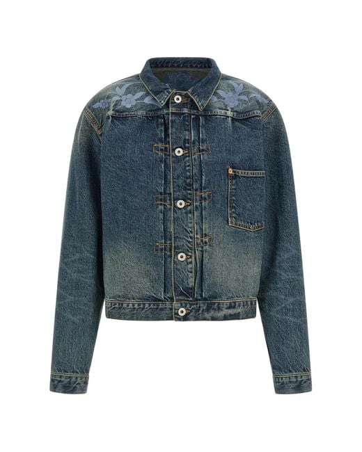 KENZO Blue Floral-Embroidered Denim Jacket for men