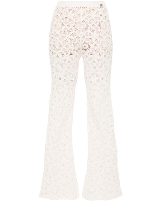 Twin Set White Floral-crochet Flared Trousers