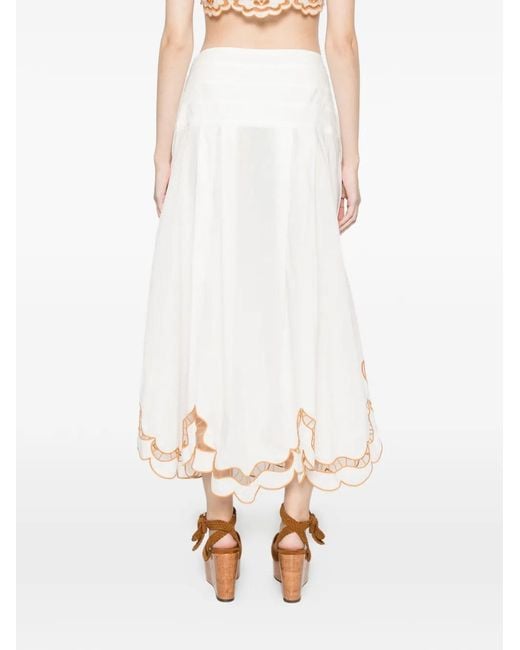 Farm Rio White Trop Floral-Embroidery Midi Skirt