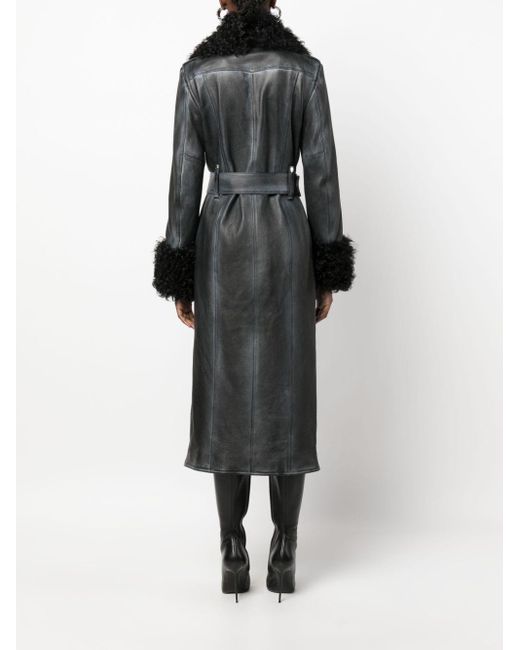 Blumarine Faux Fur-trim Leather Coat in Black | Lyst