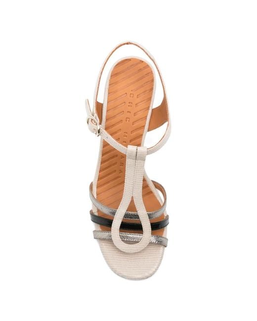 Chie Mihara White T-Strap Metallic Sandals