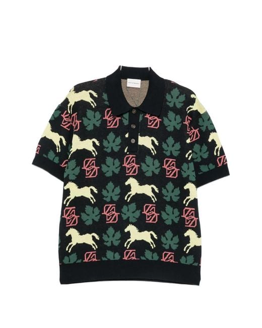 Drole de Monsieur Green Horse-Print Jacquard-Knit Polo Shirt for men