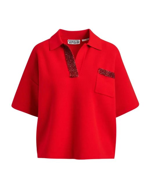 Essentiel Antwerp Red International Bead-Embellished Polo Top