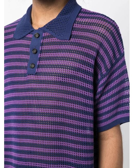 Bode Blue Striped Open-Knit Polo Shirt for men