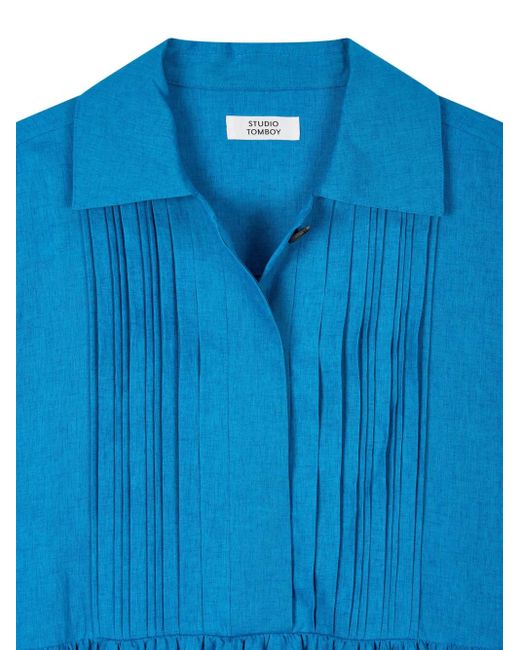 Studio Tomboy X Blue Pleated Collared Shirt Mini Dress