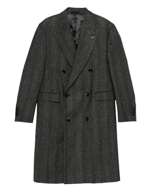 Lardini Black Double-Breasted Herringbone Coat for men