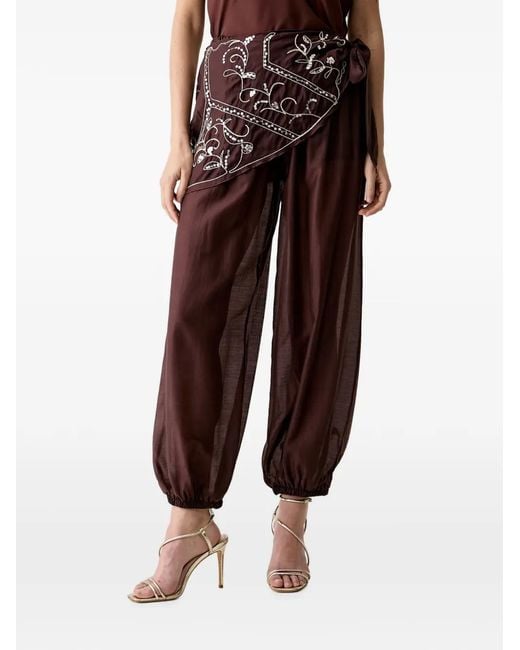 Haveone Brown Sequin-Embellished Wrap-Panel Trousers