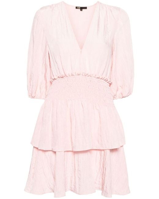 Maje Pink Shirred-waistband Tiered Dress