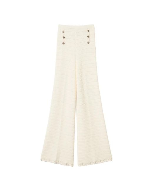 Twinset White Knit Trousers With Crochet Detail