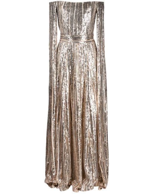 Elie Saab Natural Off-the-shoulder Cape-effect Sequined Tulle Gown