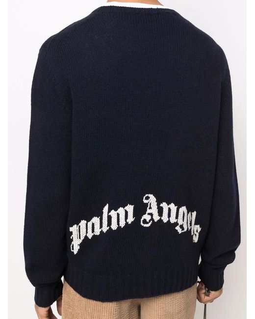 Palm Angels Blue Curved Logo Knit Sweatshirt Navy for men