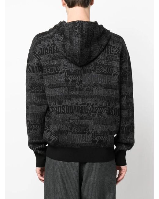DSquared² Black Intarsia-Knit Drawstring Hoodie for men