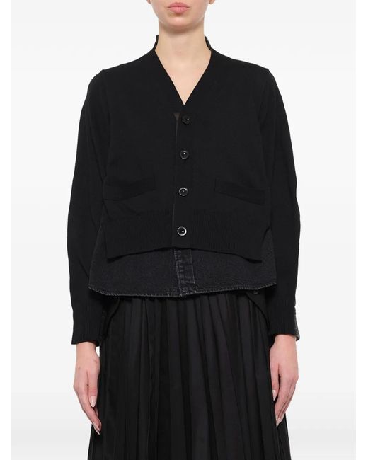 Sacai Black Denim-Panelled Knit Cardigan
